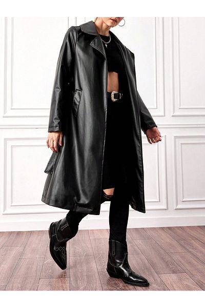 HARMONY GLOBAL Women's Belted and Tied Faux Leather Trench Coat Black