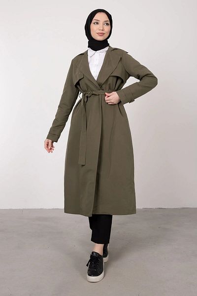 Busta Boutique Khaki Hijab Trench - Piece Detailed and Belted Front Collar