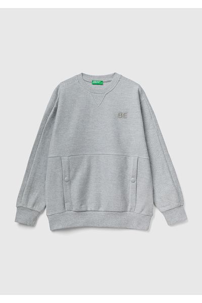 United Colors of Benetton Boy's Gray Melange BE Printed Big Pocket Sweatshirt