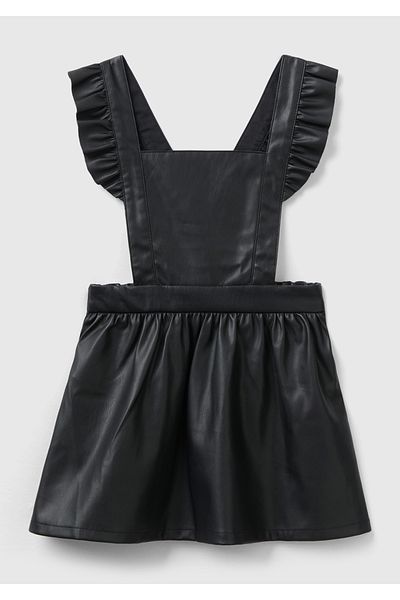United Colors of Benetton Girl's Black Strap Frilly Faux Leather Salopet Dress