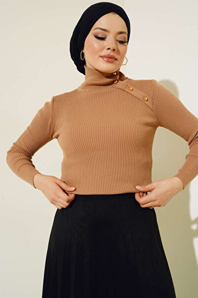 benguen 3044 Buttoned Collar Fisherman Knitwear Bady Mink