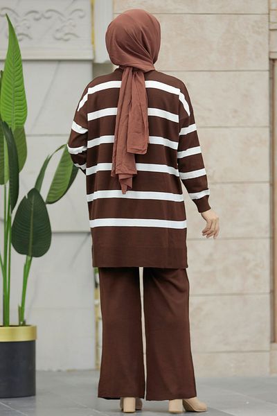 Neva Style Striped Dark Brown Hijab Knitwear Double Suit 3439Kkh