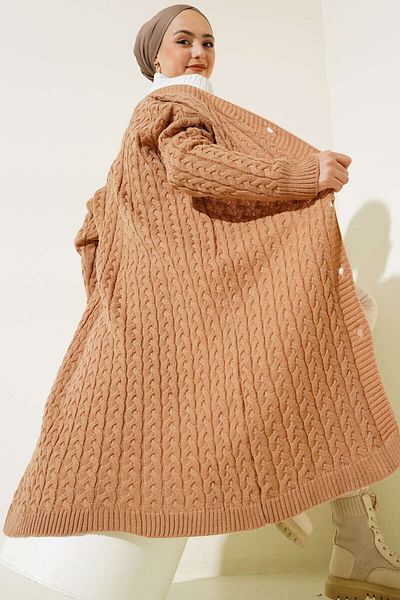 benguen 377 Μακριά Πλεκτά Ζακέτα Camel