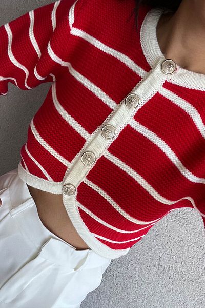 Seda Yalçın Atelier Cardigan crop cu dungi roșii cu croi asimetric