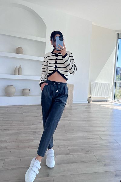 Seda Yalçın Atelier Ecru Buttoned Asymmetrical Striped Crop Cardigan