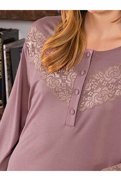 Aydoğan Kadın Dantelli Uzun Kollu Pamuk Kumaş Gecelik Lila Renk (115 CM UZUNLUK)