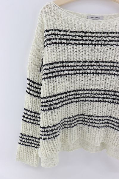 macharelbasic Women's Cream Black Striped Casual Model Wide Collar Seasonal Knitwear Sweater