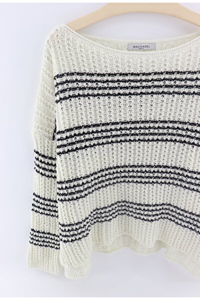 macharelbasic Pulover de damă, crem, cu dungi negre, model casual, guler larg, tricotaj sezonier
