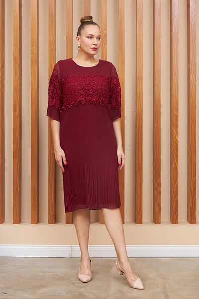 RMG Pleated Lace Detailed Plus Size Burgundy Evening Dress