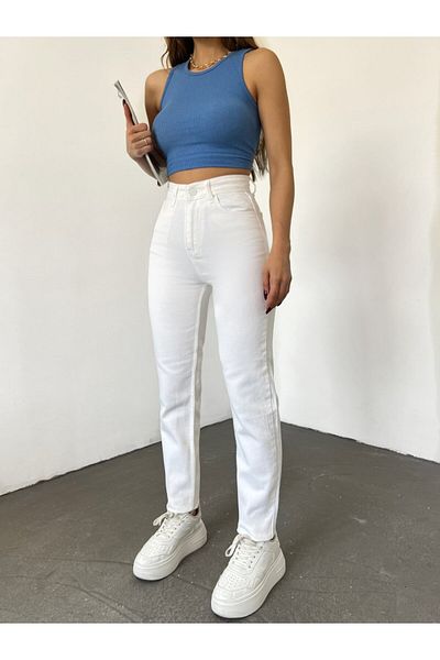 LİMABEL Ψηλόμεσο Λευκό Mom Jeans Ψηλόμεσο Λευκό Mom Jeans Παντελόνι 100% Φυσικό Βαμβάκι
