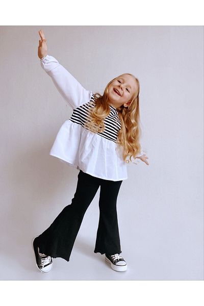 le petit sole Girl's Black Striped Bottom-Top Set