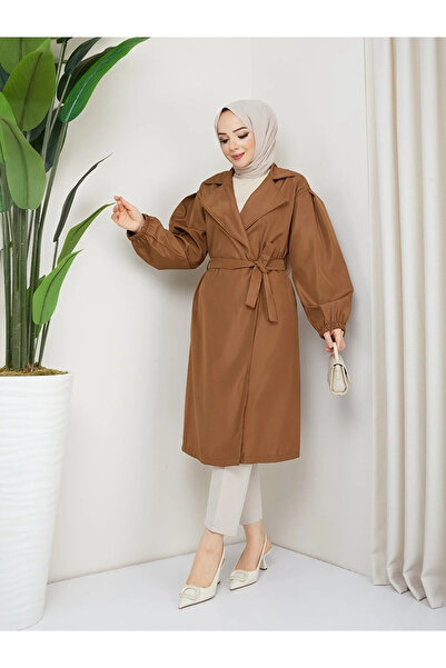 PARADICE Kadın Belden Bağlamalı Bonded Kumaş Balon Kol Taba Trençkot