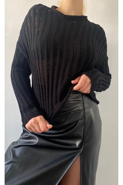 minaaise Pulover negru din tricotaje ajurate 26032