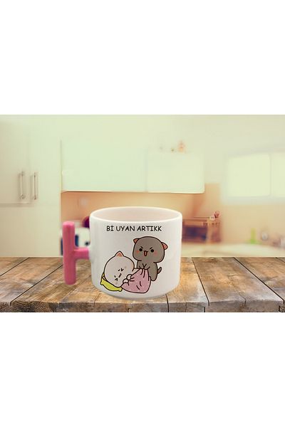 GünayStore WAKE UP NOW WRITTEN MOCHI CAT PRINTED COLORFUL T HANDLE NESCAFE & LATTE CUP