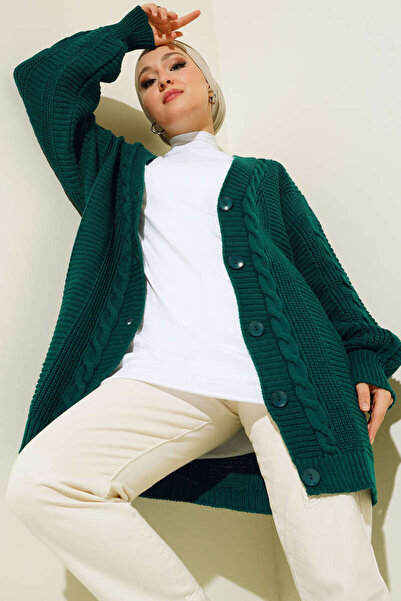benguen 6999 Knitted Patterned Front Buttoned Cardigan Emerald Green
