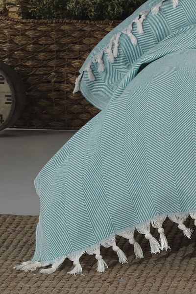 Lux Touch Lily Turquoise Single Pique - 145x200cm Βαμβακερό κάλυμμα καναπέ καναπέ με φούντα
