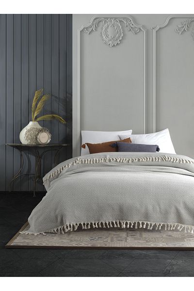Lux Touch Γκρι Μονό Πικέ 145 X 200 εκ. Κάλυμμα Για Κρεβάτι, Καναπέ, Πολυθρόνα Από Βαμβάκι Με Τρέσες