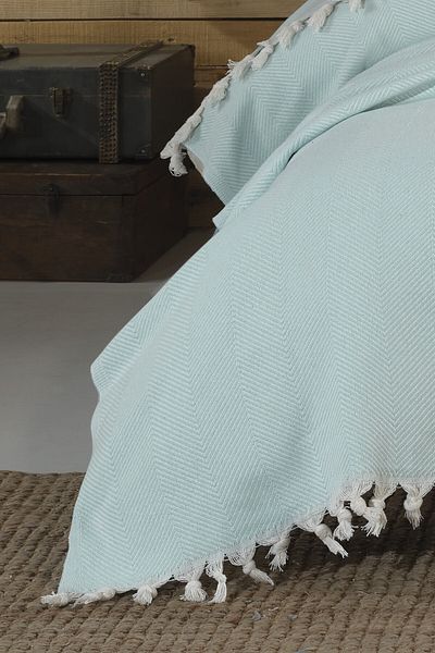 Lux Touch Lily Mint Μονό Βαμβακερό Κρεβάτι με Φούντες - 145x200 cm Κάλυμμα Πολυθρόνας Καναπέ Πικέ