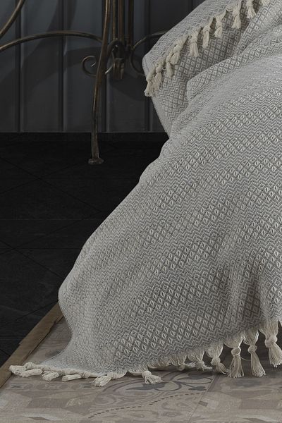 Lux Touch Γκρι Μονό Πικέ 145 X 200 εκ. Κάλυμμα Για Κρεβάτι, Καναπέ, Πολυθρόνα Από Βαμβάκι Με Τρέσες