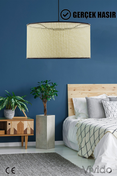Vivido Abajur Wicker Cream-Black Wicker Pendant Lamp Chandelier 38cm