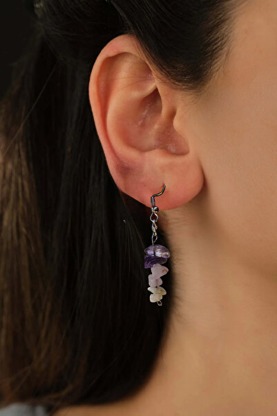 Chi Zen Doğal Taş Çelik Aşk ve Işık Küpesi Kırık Taşlı Garantili (Ametist, Pembe Kuvars, Ay Taşı)