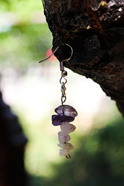 Chi Zen Doğal Taş Çelik Aşk ve Işık Küpesi Kırık Taşlı Garantili (Ametist, Pembe Kuvars, Ay Taşı)