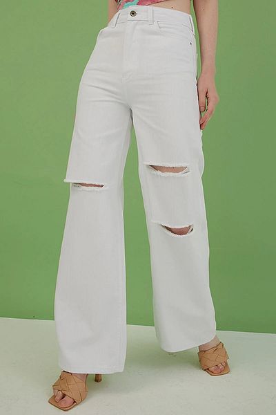 TRENDNATUREL Blugi Palazzo, rupti, albi, de damă, cu talie înaltă, blugi albi, largi, 100% bumbac natural
