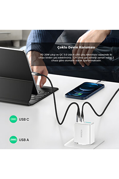 ROSSTECH 20w Pd Led Göstergeli Ultra Hızlı Şarj Adaptörü Usb-C PD 20W + Usb-A Quick Charge 3.0