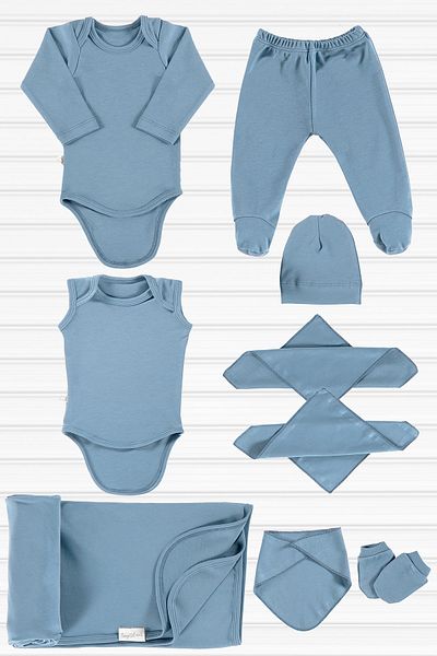 tinylamb Derry Unisex 9 Piece Hospital Discharge Set Organic Cotton Newborn Set - Blue