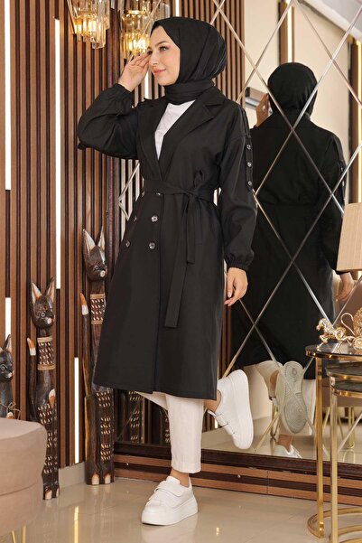 Modamihram Knopfdetaillierter Trenchcoat Schwarz 19147