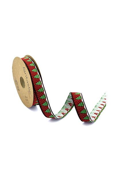 FANTASTIC KURDELE Pine Tree / Christmas Pattern Red Woven Ribbon (16MM WIDTH - 10MT LENGTH)