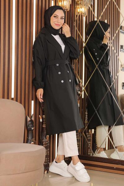 Modamihram Knopfdetaillierter Trenchcoat Schwarz 19147