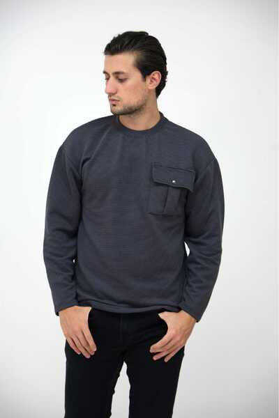 FREZZBİ Jakarlı Uzun Kollu Cepli Bisiklet Yaka T-shirt Sweatshirt