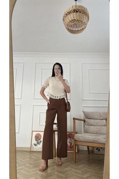 Laluvia Brown Premium Waist Detailed Velcro Wide Leg Trousers