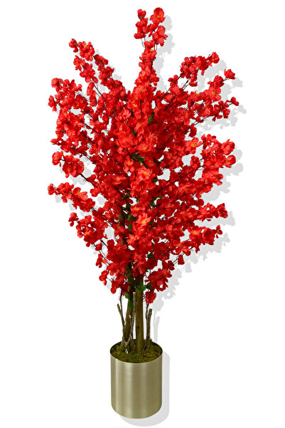 Cihan Çiçekçilik KIRMIZI BAHAR DALI 140 CM YAPAY AĞAÇ 20X20 GALVANİZ SAKSI