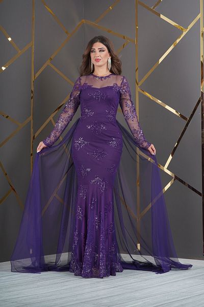 Matik Abiyem Custom Glitter Flock Printed Lace Design Evening Dress