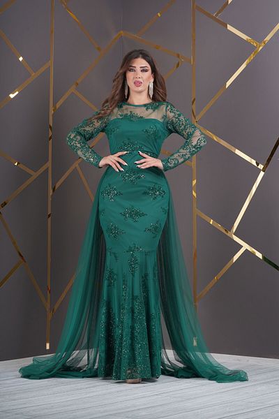Matik Abiyem Custom Glitter Flock Printed Lace Design Evening Dress