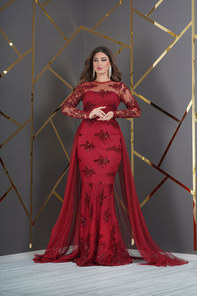 Matik Abiyem Kadın Bordo Simli Flok Baskı Dantel Abiye