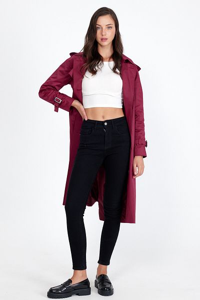 Sporting Women's Burgundy Coated Lined Waterproof Belted Long Trench Coat