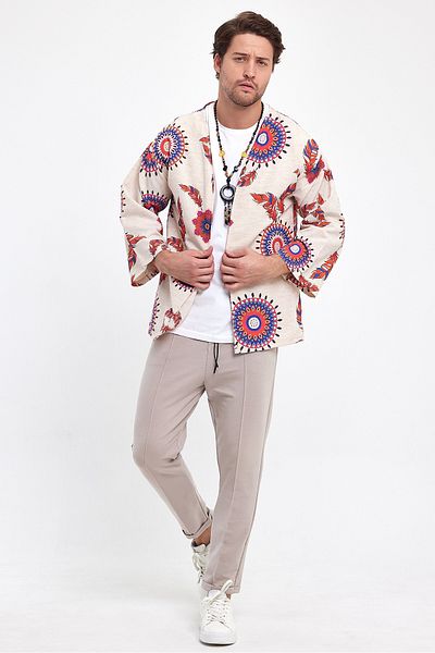 rammers Bohemian Kimono Jacket 100% Linen Comfortable Cut Ethnic Patterned