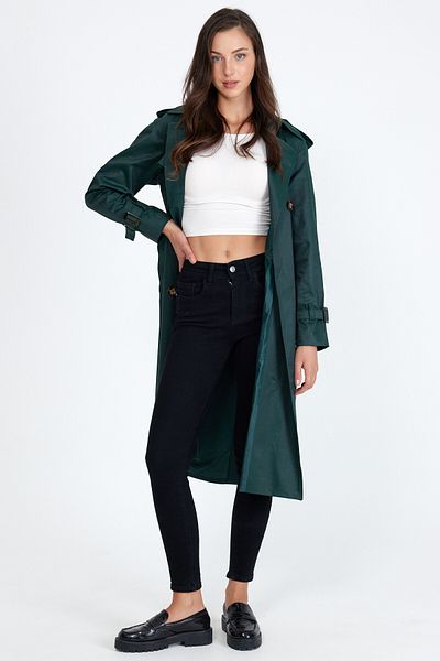 Sporting Women's Petrol Green Coated Lined Waterproof Belted Long Trench Coat