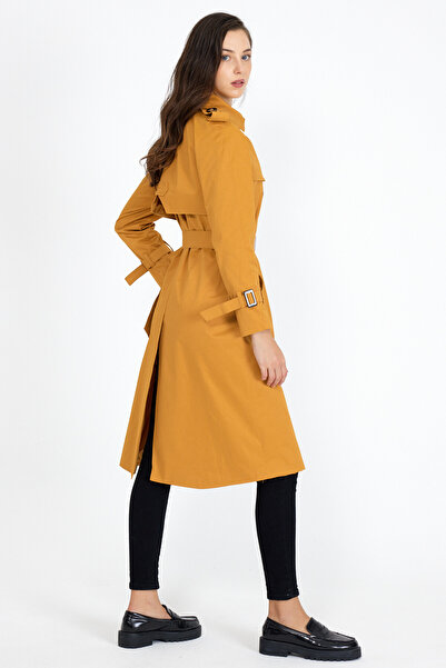 Sporting Women's Saffron Yellow Coated Lined Waterproof Belted Long Trench Coat