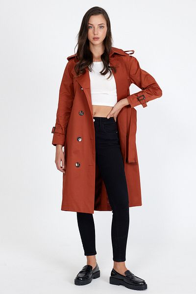 Sporting Women's Brick Red Coated Lined Waterproof Belted Long Trench Coat