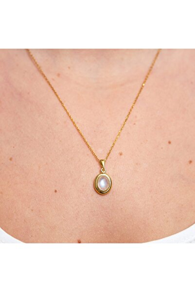 Venüs Doğal Taş Ay Taşı Minimal Vintage Gold Kolye