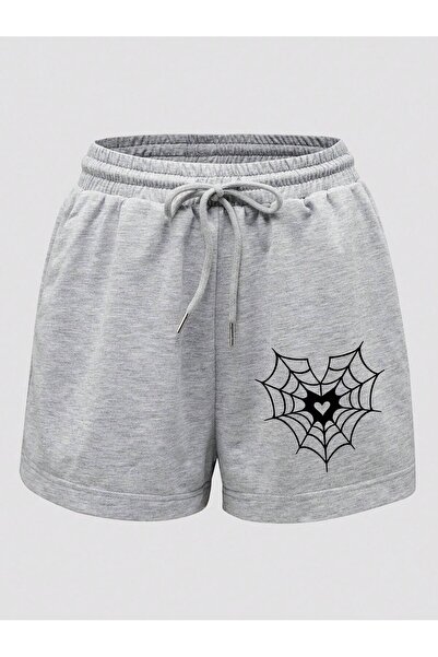 Adrift Halloween Spider Web & Heart Print Drawstring Waist Shorts