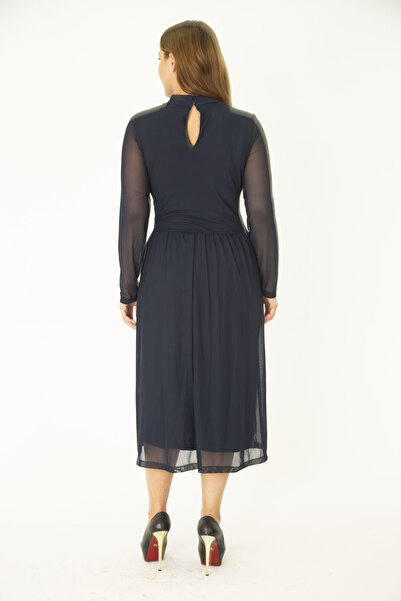 Şans Women's Large Size Navy Blue Waist Gathered Lined Tulle Dress 65N36911