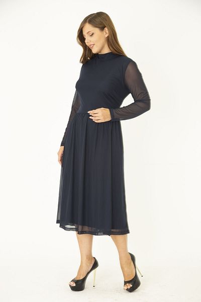 Şans Women's Large Size Navy Blue Waist Gathered Lined Tulle Dress 65N36911