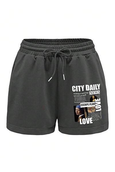 Adrift Figure and Slogan Graphic Drawstring Waist Track σορτς