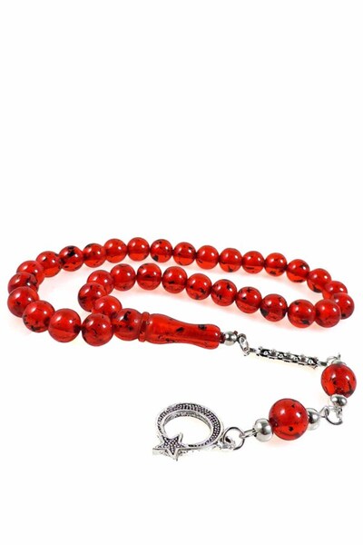 izmirpazarı Globe Grain Tea Fossil Red Color Single Branch Tasseled Powder Amber Prayer Beads