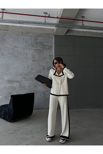 Lusin Жіночий детальний кардиган із золотими ґудзиками та брюками палаццо внизу трикотажного костюма Ust